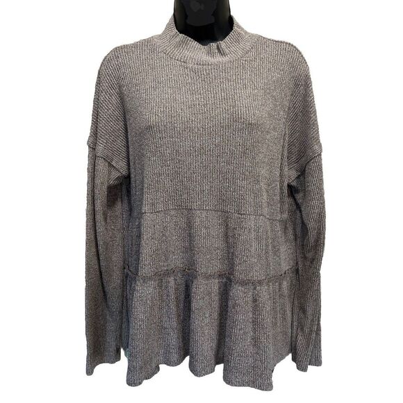 Maurices Brown Ribbed Knit Sweater 1/2 Collar Tiered Ruffle Long Sleeve Size L - Picture 1 of 7